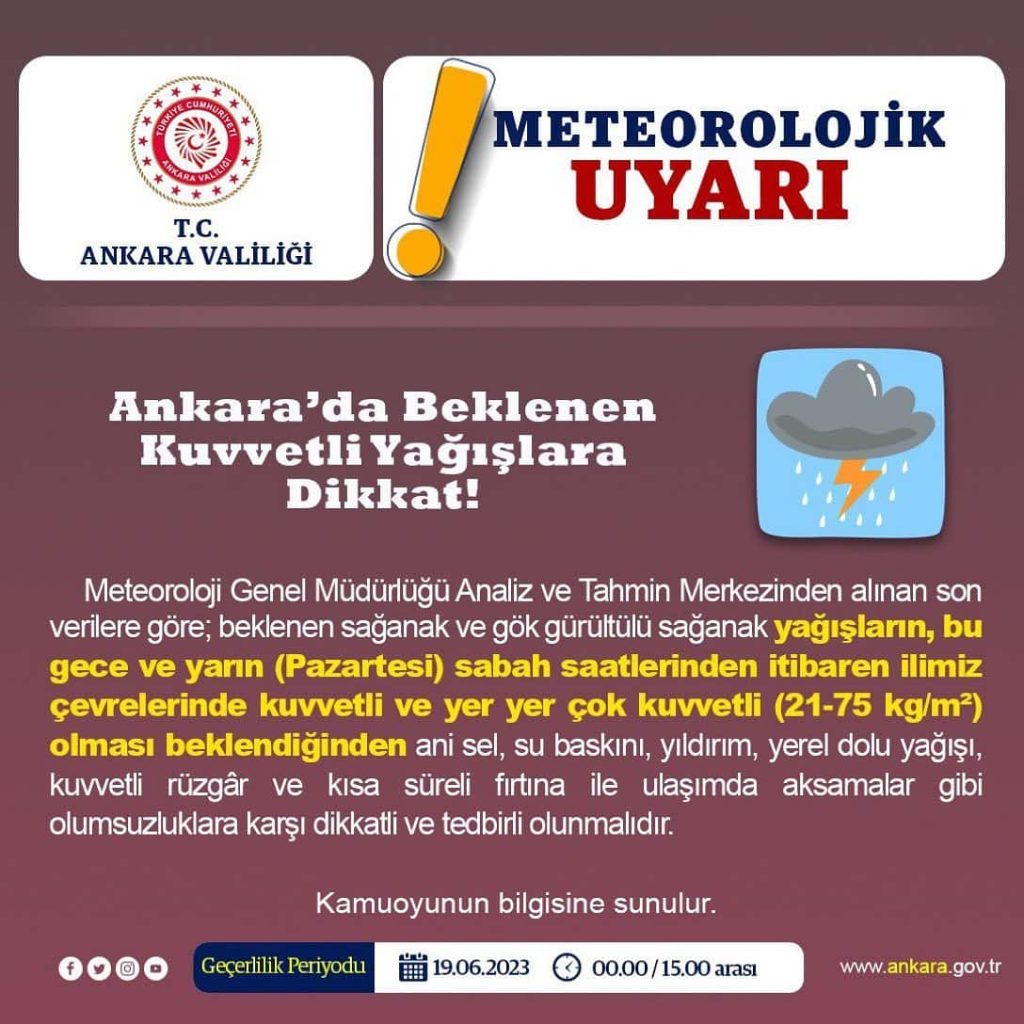 Ankara için Şiddetli Yağış , Sel Ve Dolu Uyarısı 2 ank valilik 1