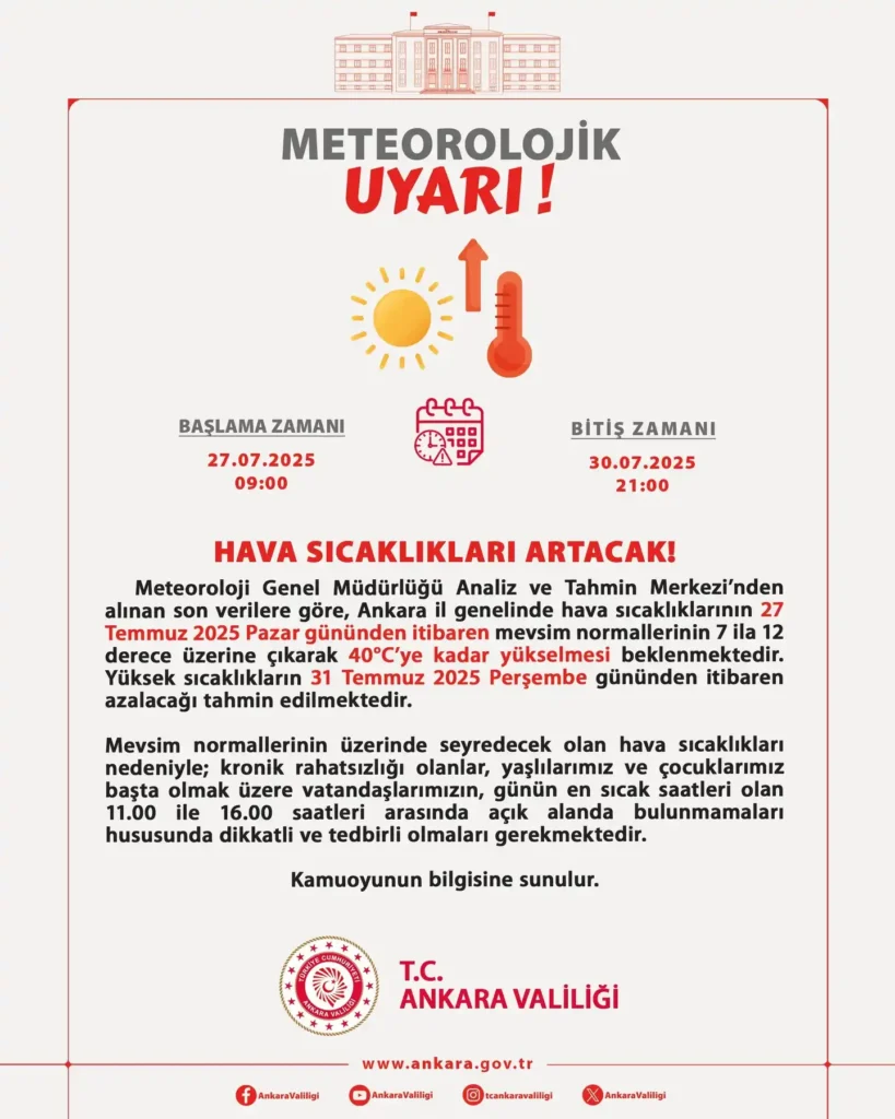 Ankara için Şiddetli Sıcaklık Uyarısı ! 1 ankara valiligi uyari
