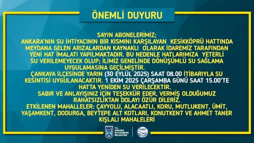 Ankara Su Kesintisi (29-30 Eylül 2025): İlçe İlçe Detaylı Liste ve Saatleri 1 askibaskentankara 1759171768 3732525785992135556 10672593762